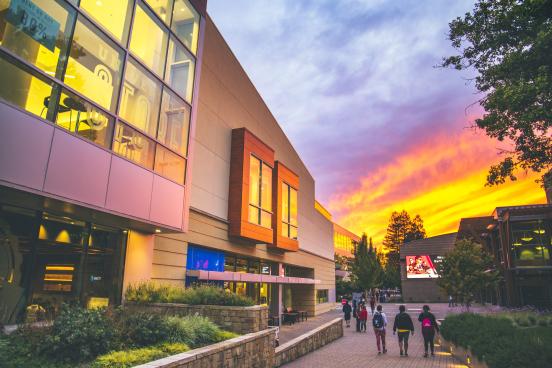 Sunset sky next to Student Center building