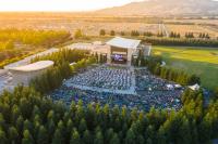 Green Music Center aerial view from up gith of people outside the building on the lawn listening to a concert inside