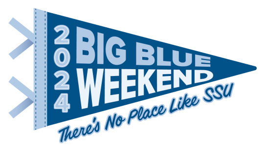 Text on pennant: 2024 Big Blue Weekend There's No Place Like SSU