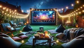 Movie on a screen with blankets on the lawn