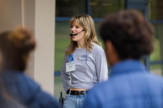 student giving a tour on big blue weekend