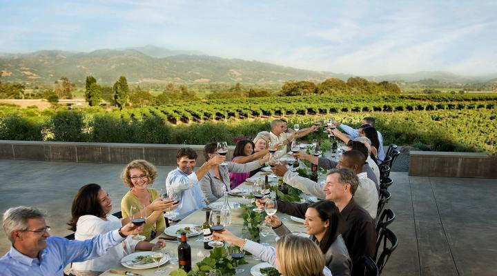 People dining at a long table overlooking a vineyard at a winery