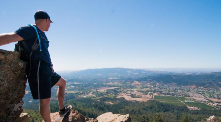 Person on a hike looking down on Sonoma County view from a far